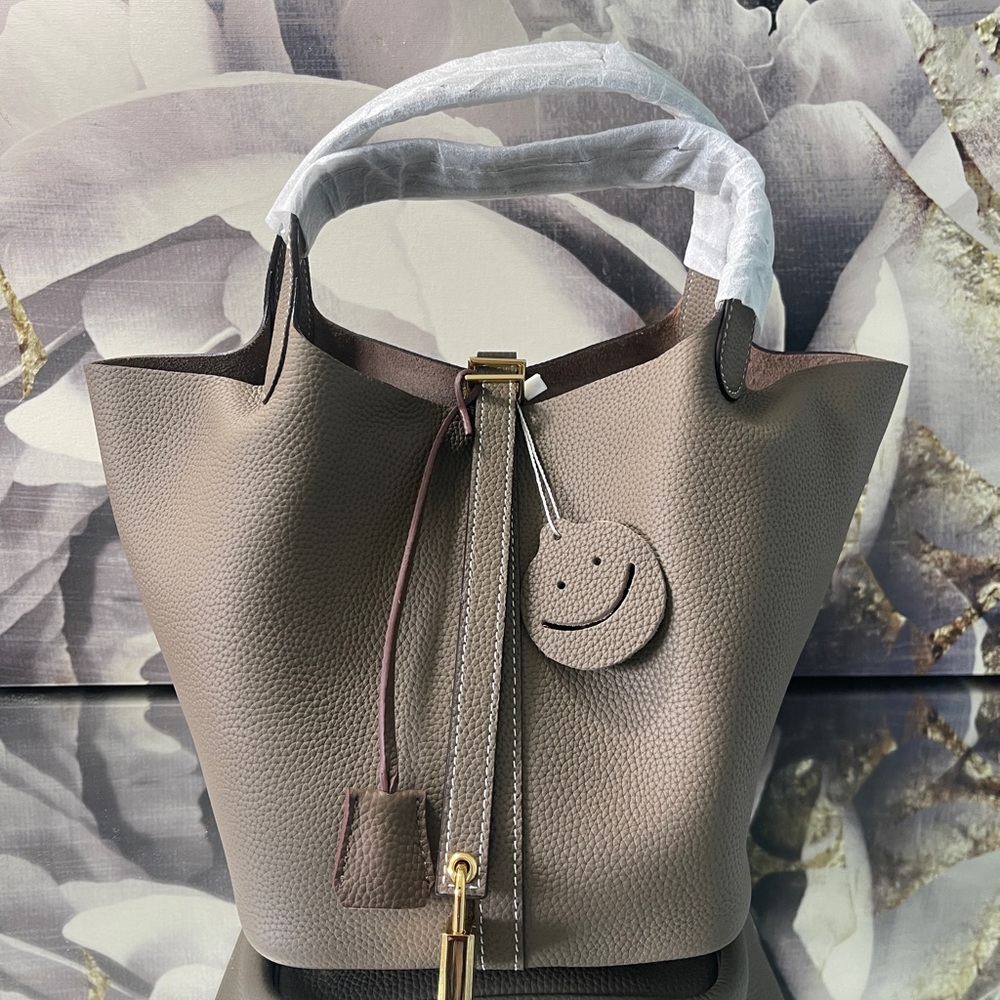 Leather Bucket Tote Bag - Taupe